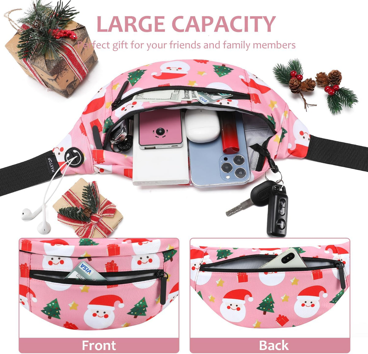 MAXTOP Large Fanny Pack with 4-Zipper Pockets, Christmas Gifts for Enjoy Festival Sports Workout Traveling Running Casual Hands-Free Waist Pack Crossbody Phone Bag Carrying All Phones (Santa Claus,)