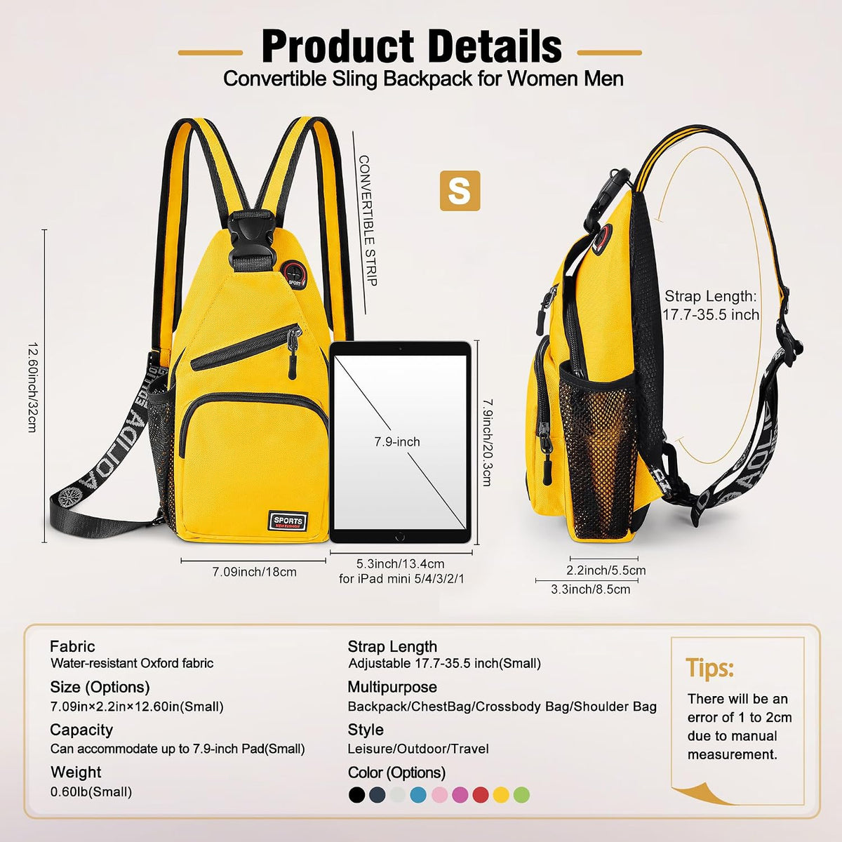 Crossbody Backpack Convertible Sling Bag for Women Men with Adjustable Strap Small Casual Daypack for Hiking Traveling (Small, 11-Inch, Yellow)