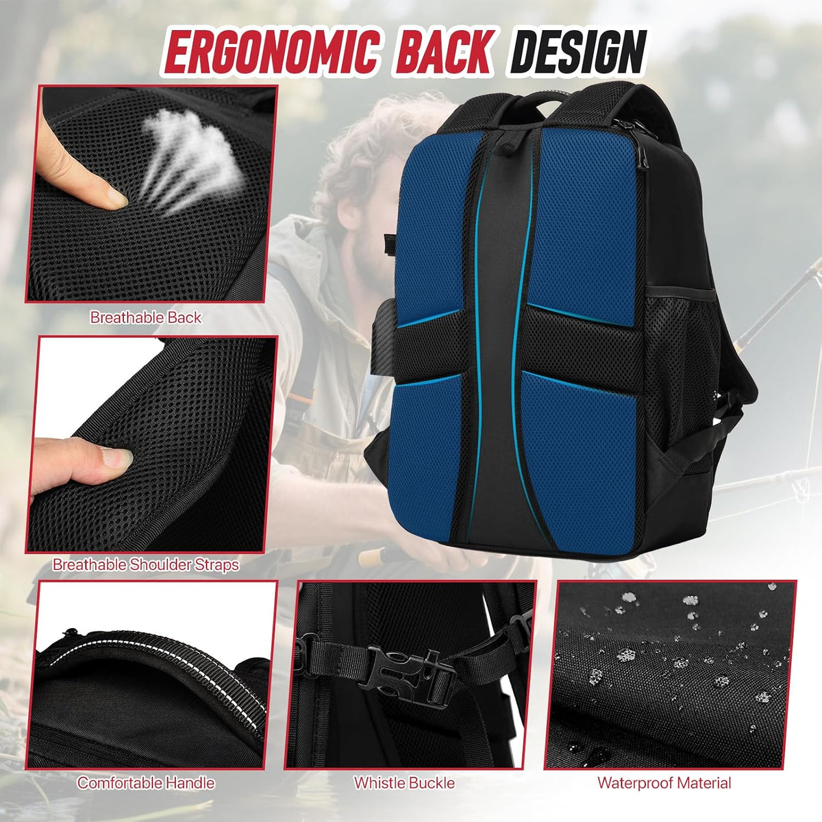 Fishing Tackle Backpack with 2 Rod Holders, Water-Resistant Fishing Gear Storage Bag, Tackle Bag for Fishing Equipment, Fisher Gifts For Men, Black