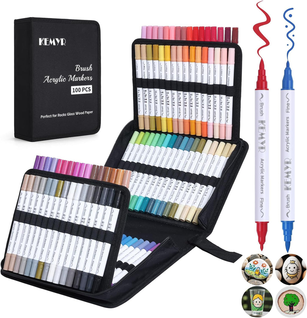 KEMYR 120 Colors Brush & Fine Tip Acrylic Paint Pens, Dual Tip Acrylic Paint Markers for Paper, Wood, Canvas, Stone, Rock, Glass, Fabric, DIY, Ceramic, Art Supplies for Adults Drawing