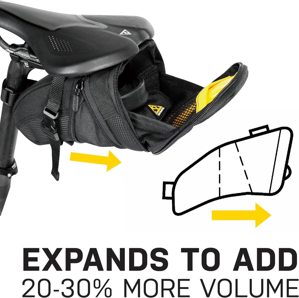 Topeak Aero Wedge Pack (Strap Mount, Medium) – Aerodynamic Seat Bag for Bikes, 1200D Polyester Construction, Quick-Release Buckle Mount, Expandable Storage, 3M Reflective Strip & Safety Light Clip