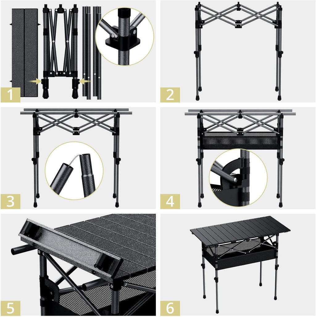 Anbte 3ft Aluminum Roll Top Folding Camping Table, Portable, 32”X16”, Black