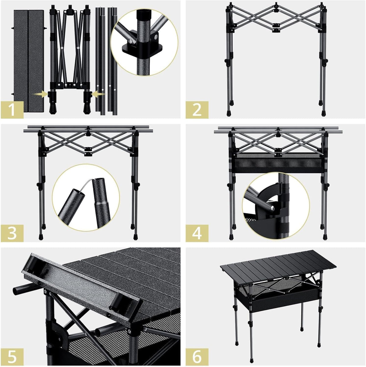 Anbte 3ft Aluminum Roll Top Folding Camping Table, Portable, 32”X16”, Black
