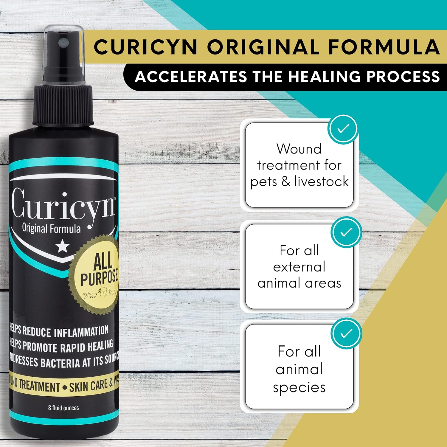 Curicyn Wound Care for Dogs, Cats & Livestock 8oz - All Natural, Fast Acting Wound Care for Pets, Safe Wound Care for Cats - Works on Varied Ailments, Easy Application Spray Bottle