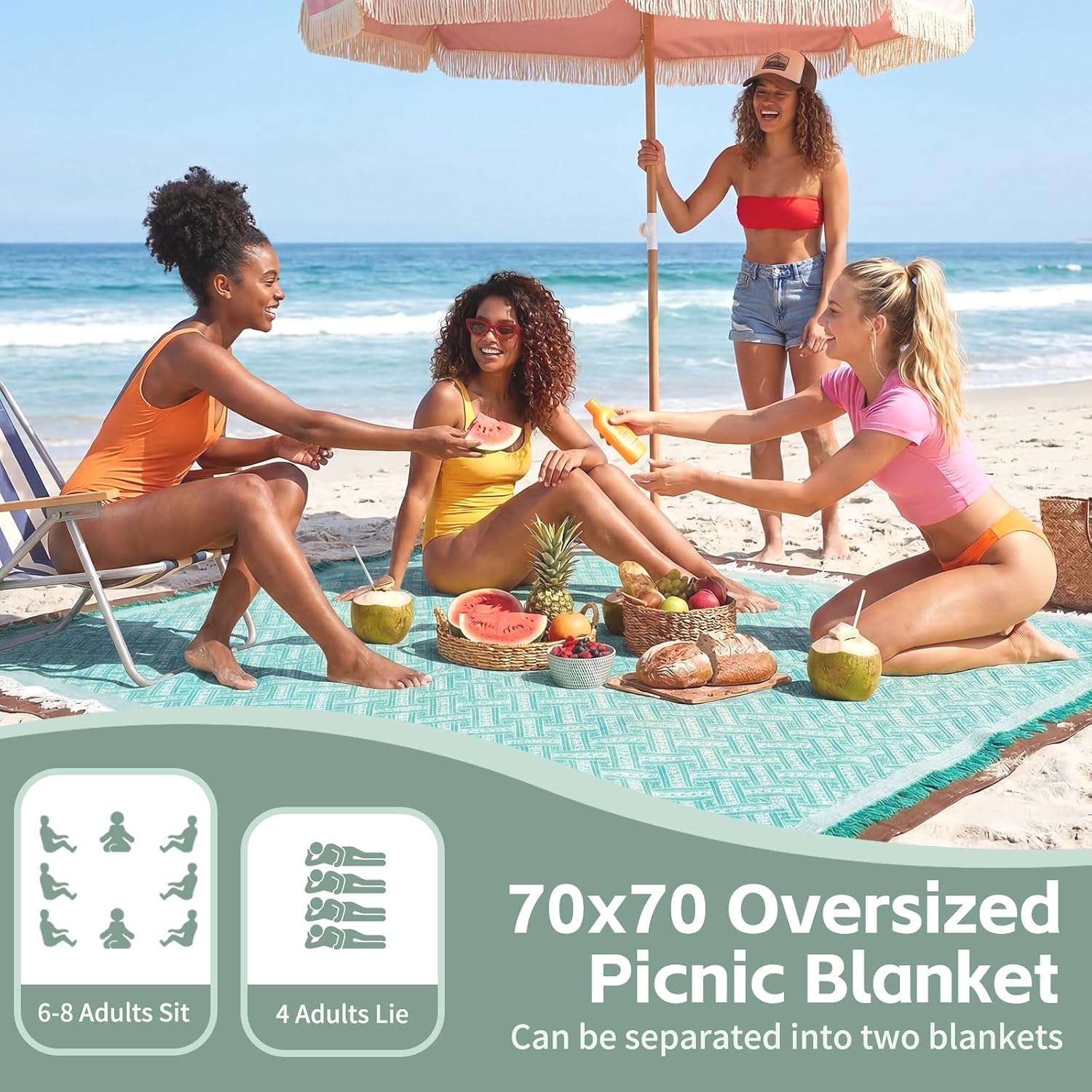 RYCHIC 2 in 1 Extra Large Boho Beach Blanket Towel Giant Woven Outdoor Rug Picnic Mat Camping Gear Cruise Essential 2026 Summer Vacation Must Have Travel Accessories Costa Rica Bahamas Hawaii Trip