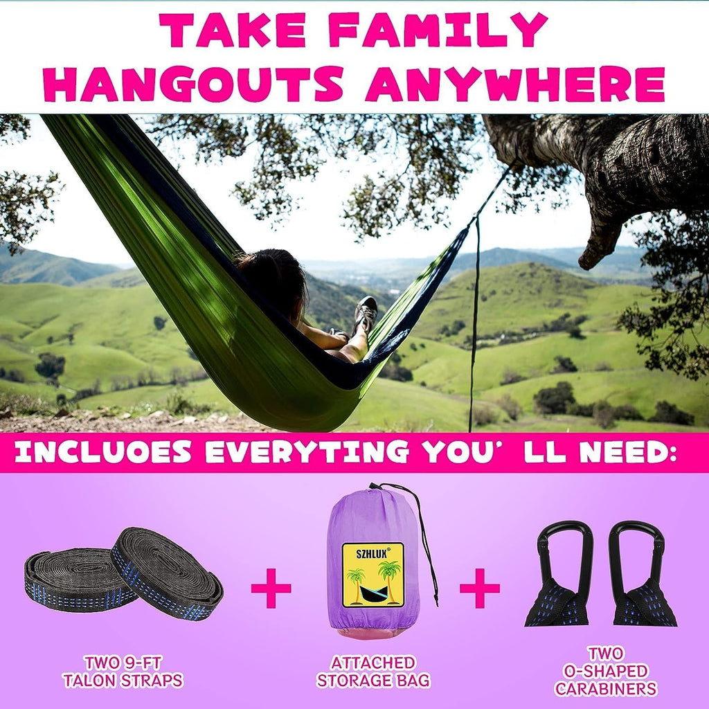 SZHLUX Kids Hammock - Kids Camping Gear, Camping Accessories with 2 Tree Straps and Carabiners for Indoor/Outdoor Use, Pink & Light Purple