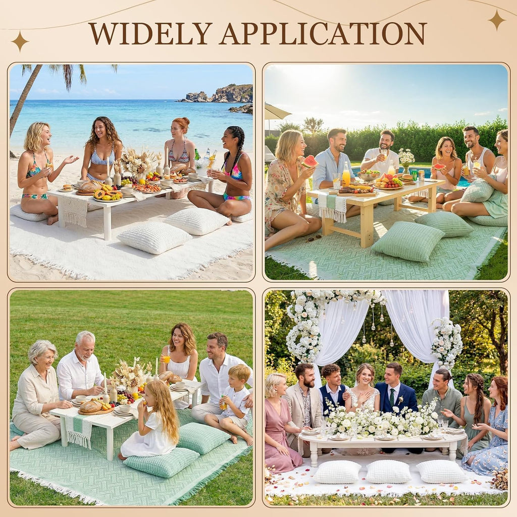 RYCHIC Extra Large Outdoor Picnic Blanket Folding Table Runner 6 Pillows Covers Oversized Sandrpoof Towel Outdoor Rug Family Trip Essentials Summer Vacation Must Have Travel Accessories Lake Day Stuff