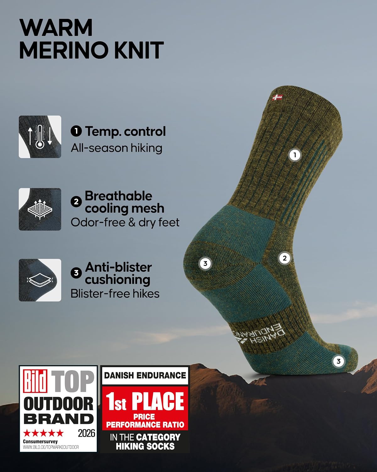 DANISH ENDURANCE Merino Wool Premium Hiking Socks, Thermal, 3-Pack