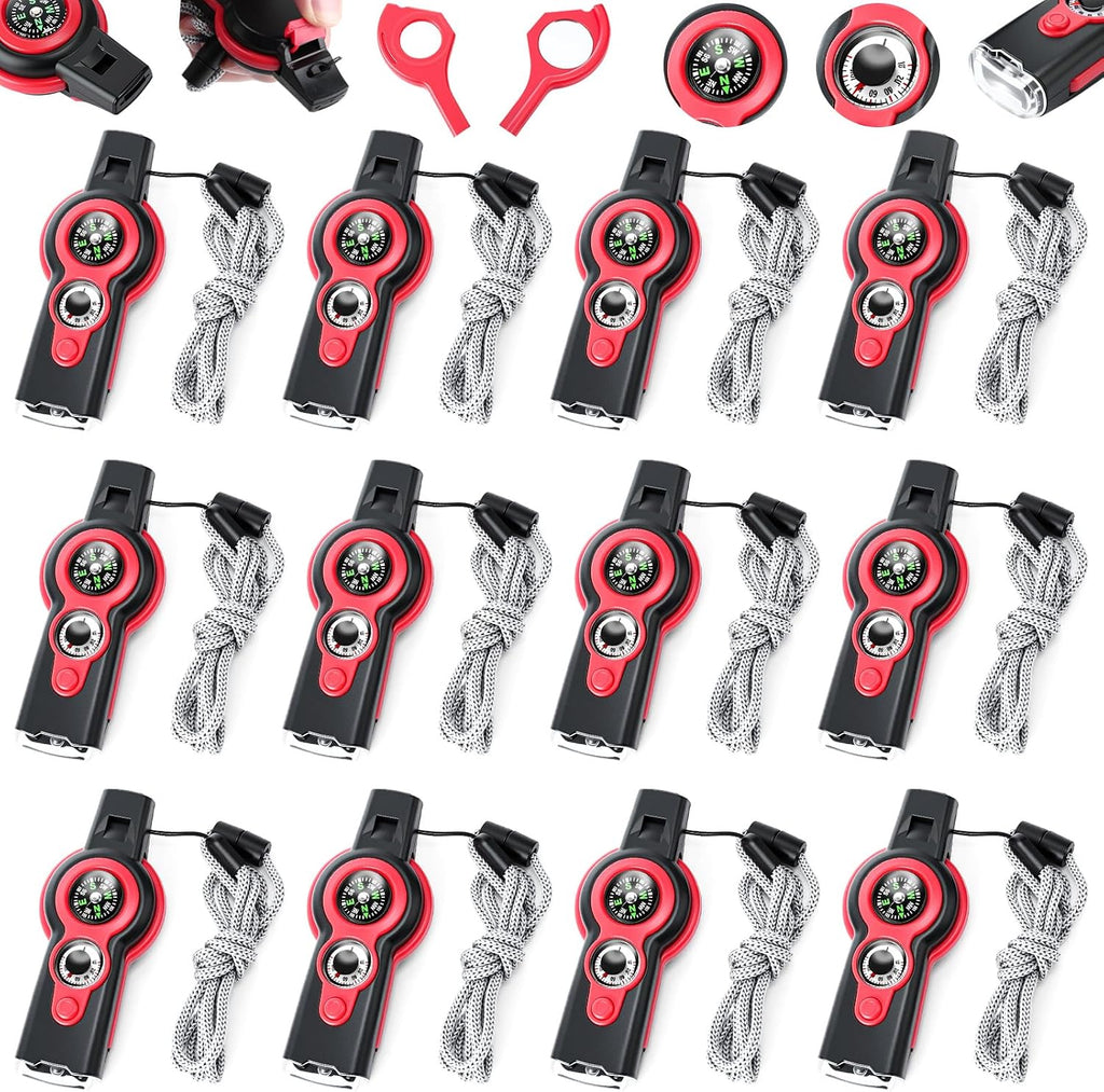 Arrowbash 12 Pack Emergency Survival Whistle 7-in-1 Compass Hiking Survival Safety Whistle with Lanyard Outdoor Multifunctional Tool Ideal for Hiking Camping Rescue Signaling
