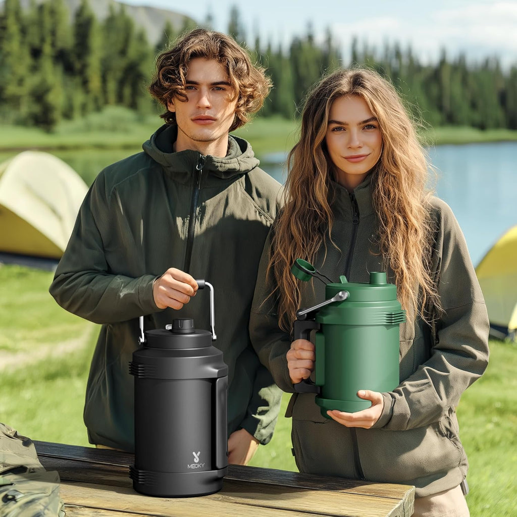 1 Gallon Insulated Water Bottle for Sports: Meoky 128 oz Triple Wall Vacuum Stainless Steel Water Jug - Top and Side Handles, Cold for 48 Hrs, 2-in-1 Straw and Spout Lid, Leak Proof for Hiking (Cyan)