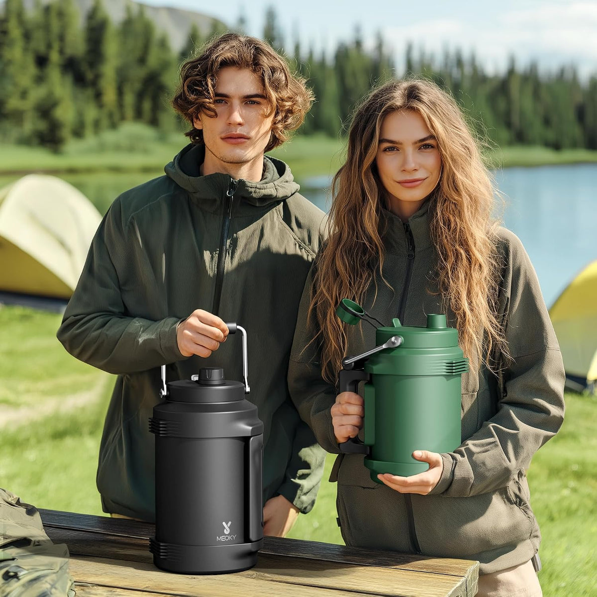1 Gallon Insulated Water Bottle for Sports: Meoky 128 oz Triple Wall Vacuum Stainless Steel Water Jug - Top and Side Handles, Cold for 48 Hrs, 2-in-1 Straw and Spout Lid, Leak Proof for Hiking (Ivory)
