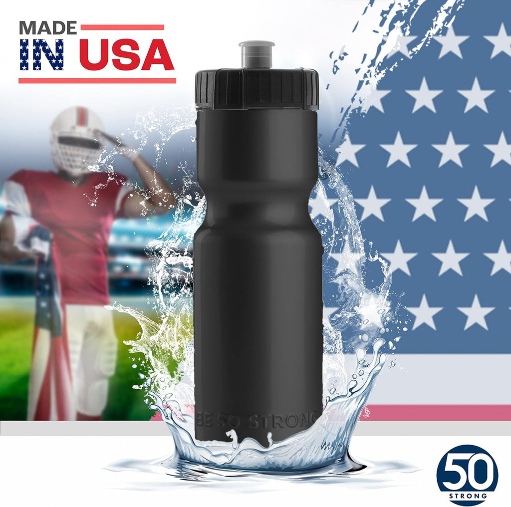 50 Strong | Bulk Water Bottles, 24-Pack, 22 oz, Sports Squeeze, Black