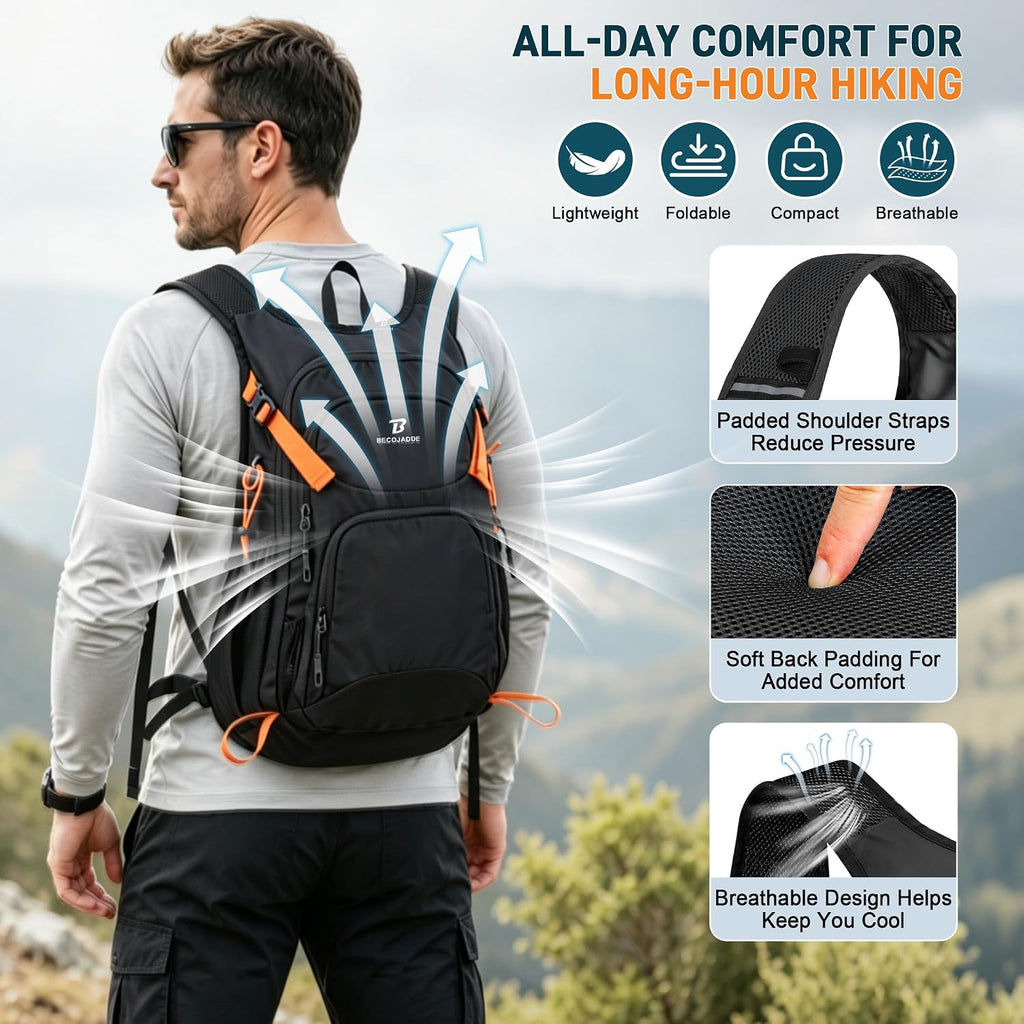 BECOJADDE 20L Hiking Backpack Lightweight Travel Backpacks Water-Resistant Daypack Fits Cycling Helmets for Men Women for Daily Outdoor Camping, Black