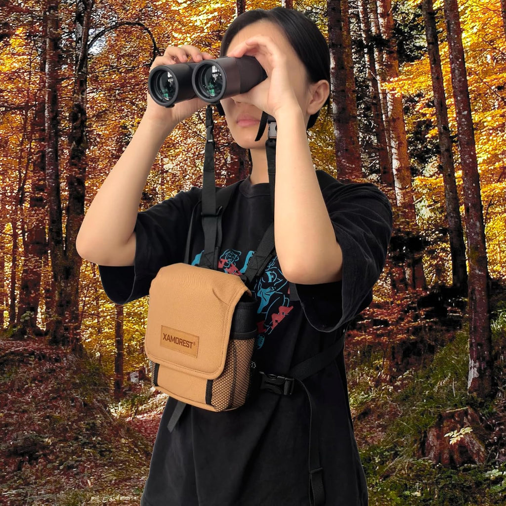 Universal Binocular Case, Binocular Harness for Hunting Case with Adjustable Shoulder Straps 2 Mesh Pockets for Hiking, Hunting, Backpacking, Outdoor Travel （Khaki）