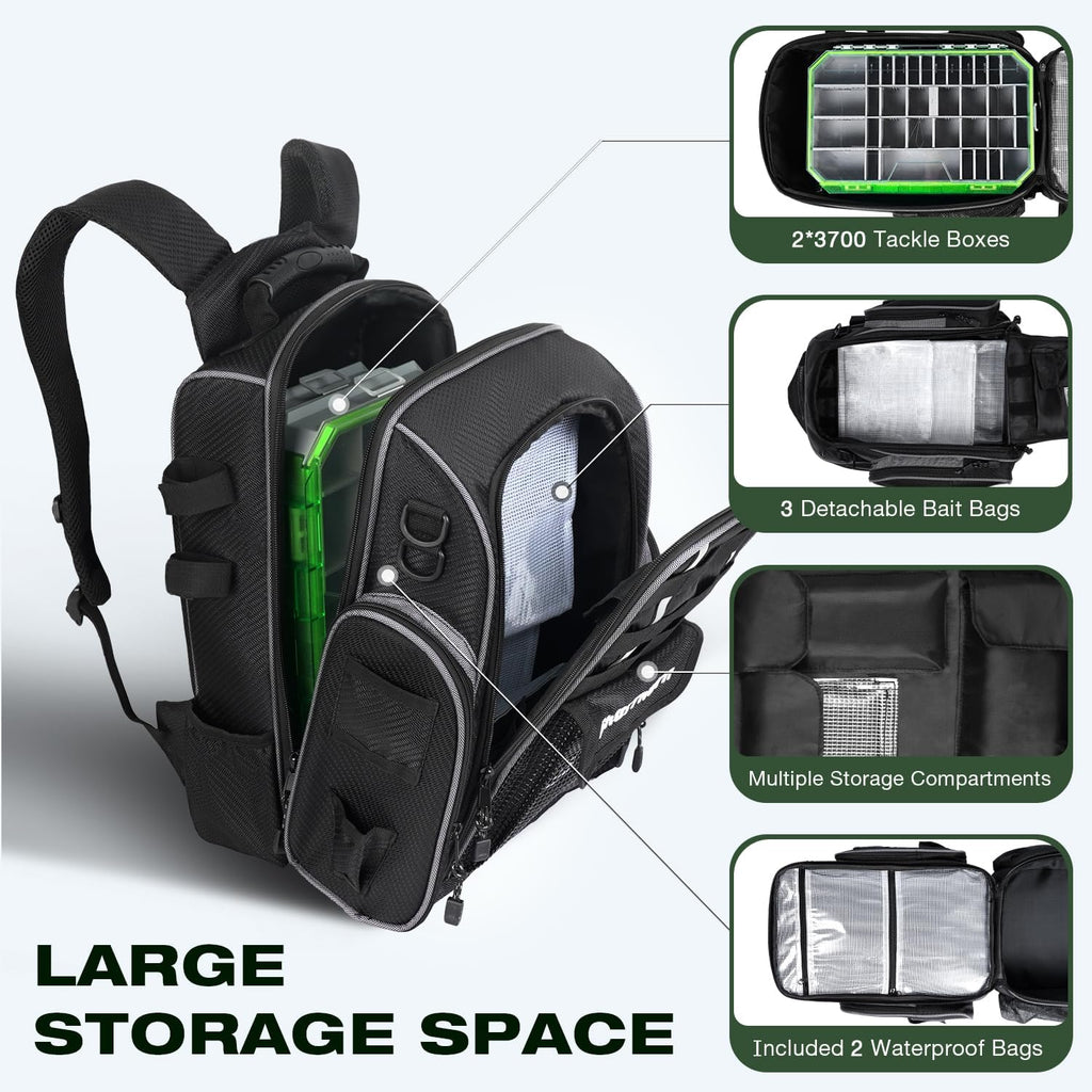 Ghosthorn 43L Fishing Tackle Backpack with 4 Tackle Boxes & Rod Holder