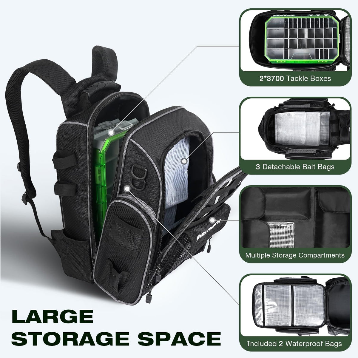 Ghosthorn 43L Fishing Tackle Backpack with 4 Tackle Boxes & Rod Holder
