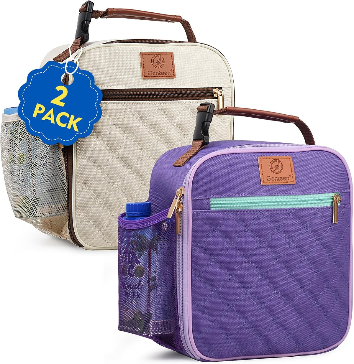 Genteen Kids Lunch Box Insulated Soft Mini Cooler with Bottle Holder, Lightweight Reusable Easy-Clean Lunch bag for Girls, Boys Back to School-Purlpe/Light Pink