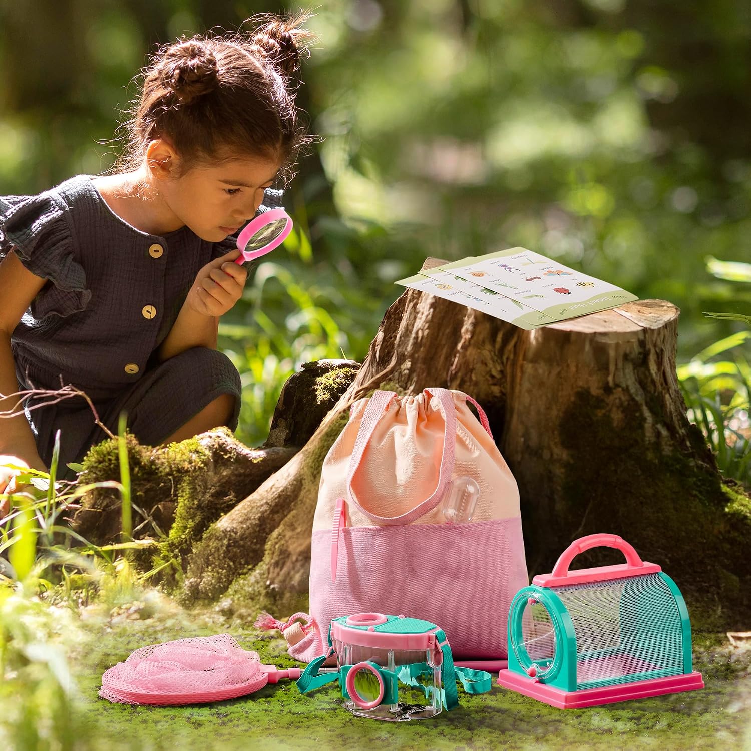 ROBOTIME Kids Explorer Kit & Bug Catcher Kit for Kids, 10PCS Outdoor Bug Catching Kit with Magnifying Glass & Net, Adventure Set for Backyard & Camping, Fun Gift for Girls 3-12 (Pink)