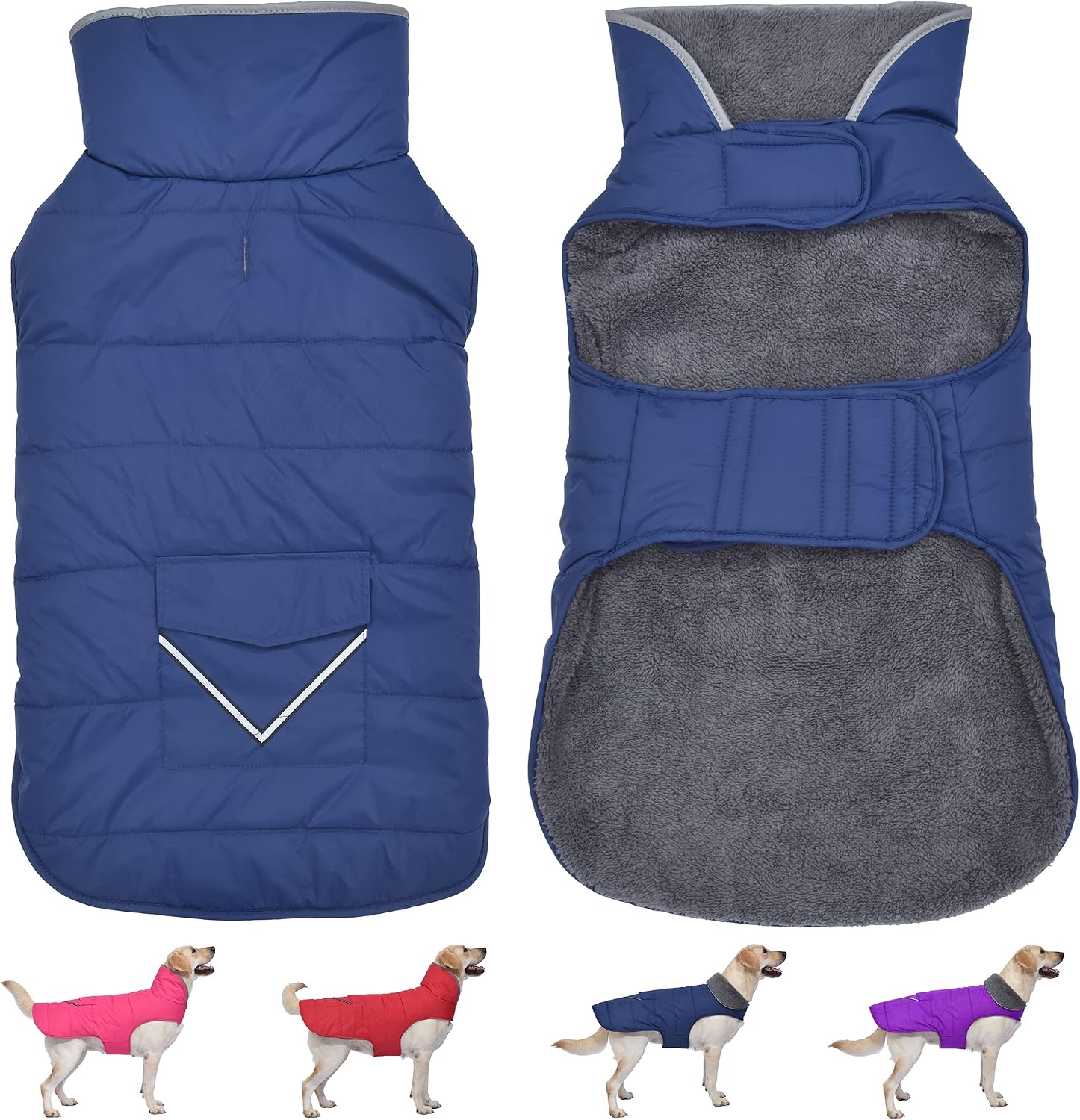 Petglad Dog Coat, Waterproof Dog Winter Jacket with Pocket, Reflective Adjustable Pet Snow Vest, Warm Cozy Fleece Sweater for Small Medium Extra Large Dogs - Blue, S
