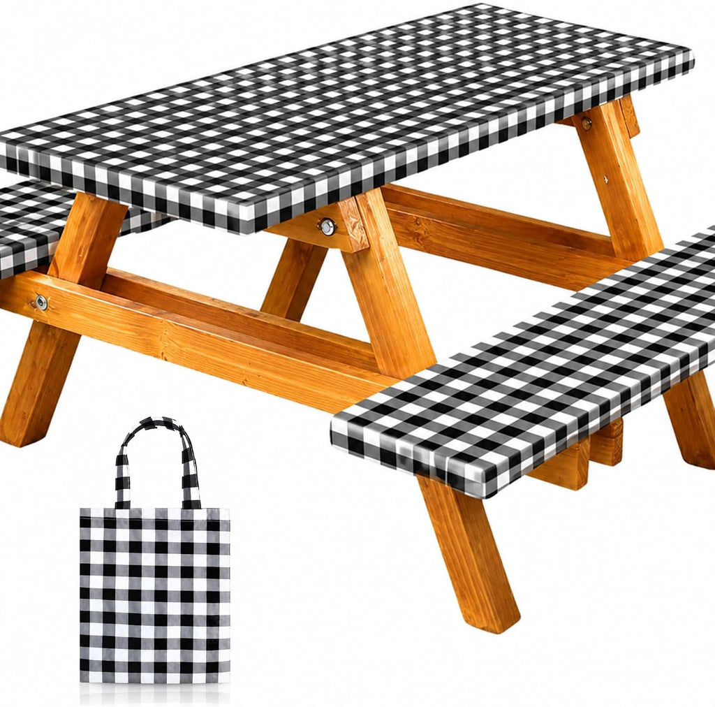 Vinyl Fitted Picnic Table Cover with Bench Covers & Bag 6ft Black Checkered | Rnoony Outdoor Waterproof, Windproof Tablecloth with Elastic Edges. Camping RV Gear Campers Must Have 72x30 Inches