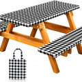 Vinyl Fitted Picnic Table Cover with Bench Covers & Bag 6ft Black Checkered | Rnoony Outdoor Waterproof, Windproof Tablecloth with Elastic Edges. Camping RV Gear Campers Must Have 72x30 Inches