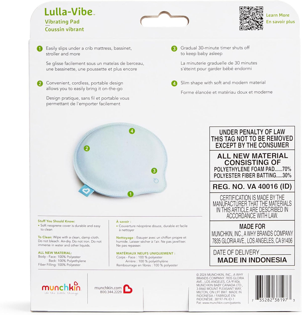 Munchkin Lulla-Vibe Vibrating Pad Baby Sleep Soother, Light Blue