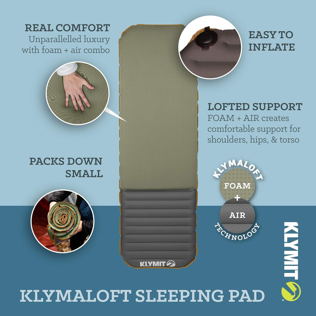 Klymit Klymaloft Lofted Inflatable Sleeping Pad for Camping with Memory Foam, Ultra-Thick Hiking and Backpacking Air Bed, 5 Inch Thick, Regular, Green