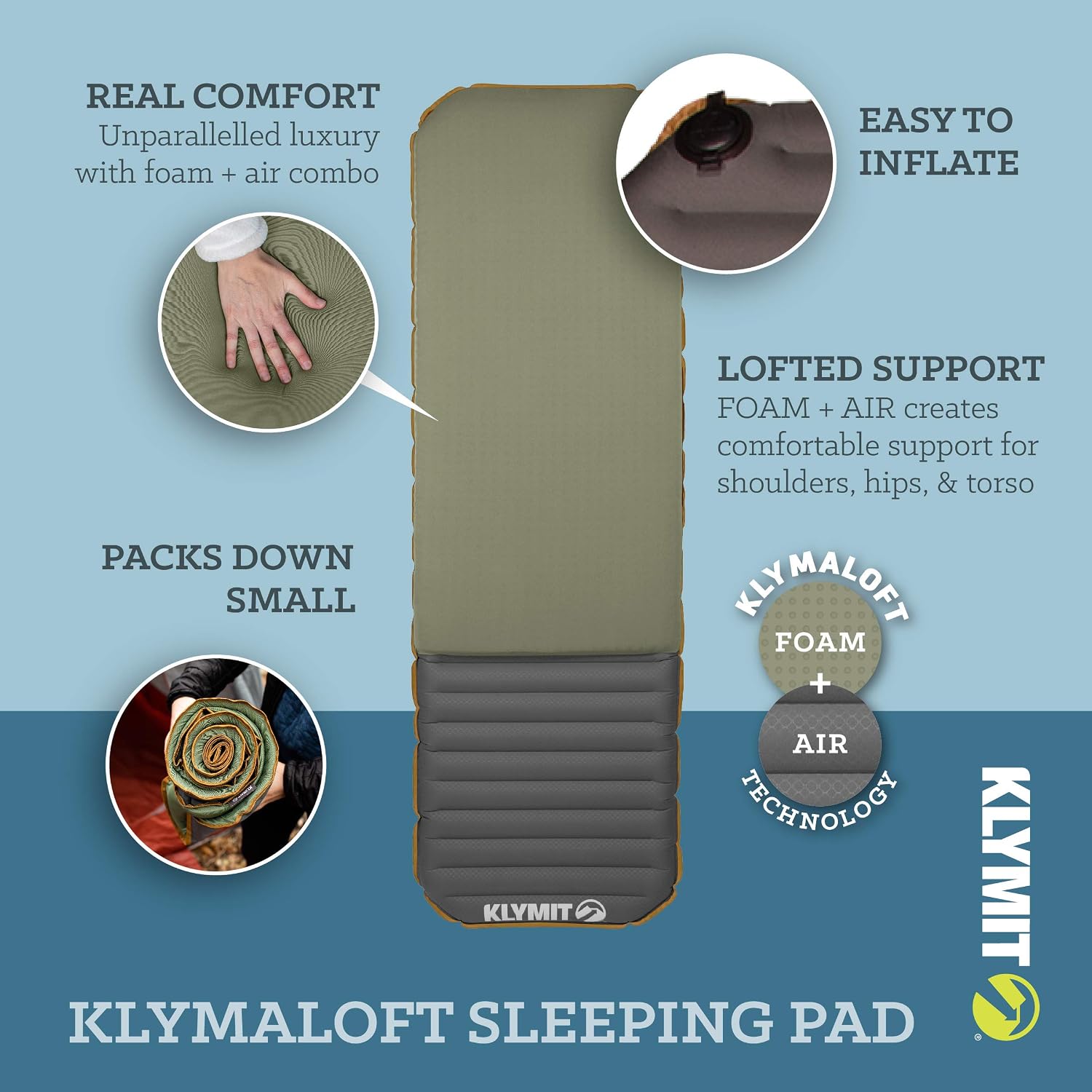 Klymit Klymaloft Lofted Inflatable Sleeping Pad for Camping with Memory Foam, Ultra-Thick Hiking and Backpacking Air Bed, 5 Inch Thick, Regular, Green