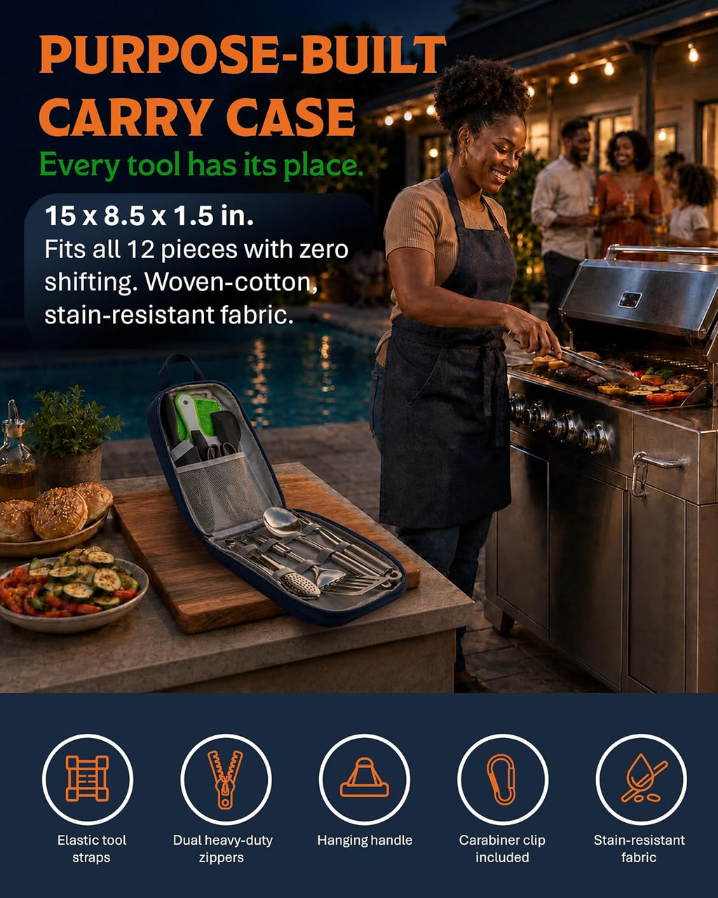 Life 2 Go 12 Pcs Camp Cooking Utensil Set & Outdoor Kitchen Gear Cookware Kit, Portable Compact Carry Case for Camping, Hiking, Travel, BBQ Grilling Stainless Steel Accessories Spoon & Fork, Navy
