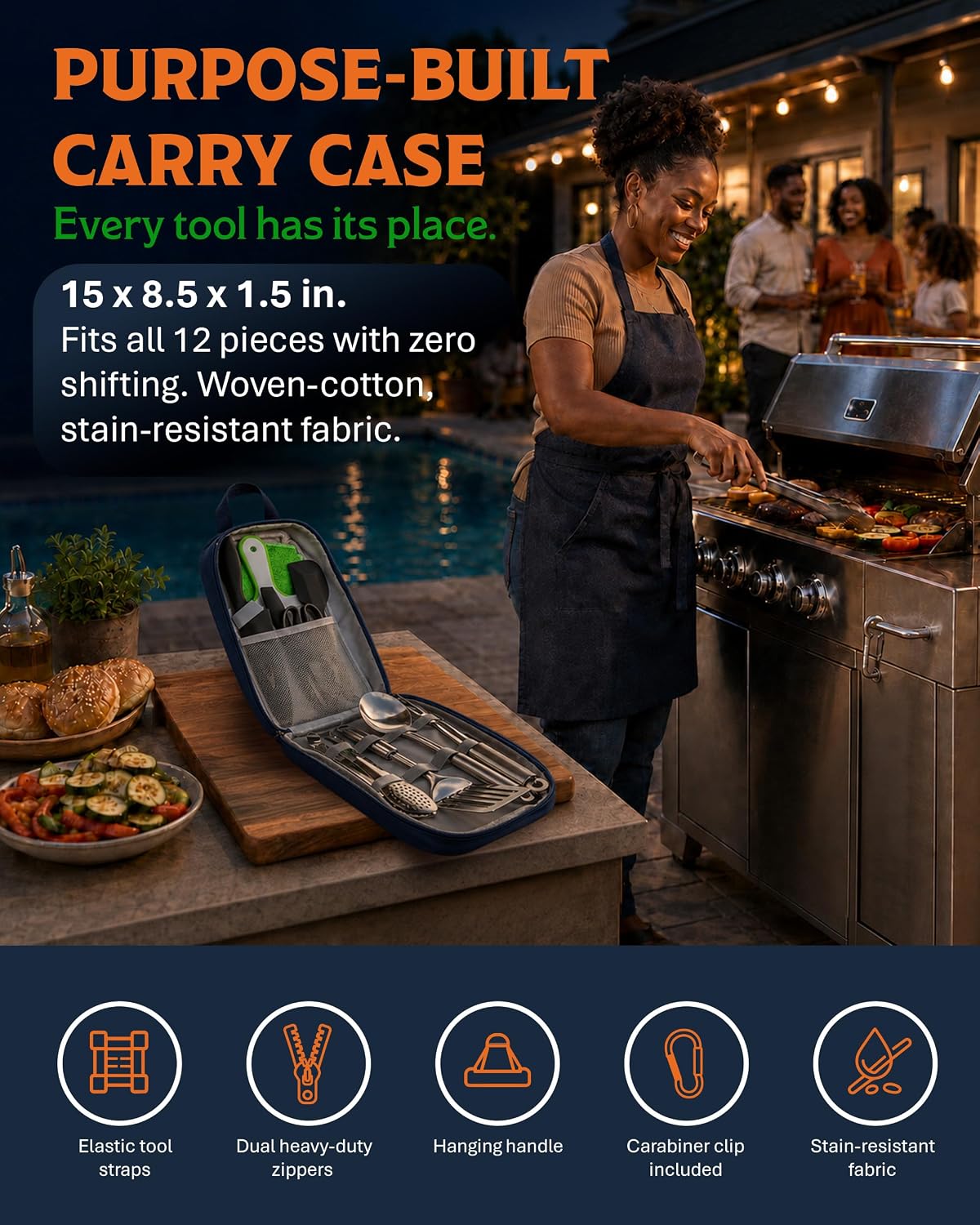 Life 2 Go 12 Pcs Camp Cooking Utensil Set & Outdoor Kitchen Gear Cookware Kit, Portable Compact Carry Case for Camping, Hiking, Travel, BBQ Grilling Stainless Steel Accessories Spoon & Fork, Navy