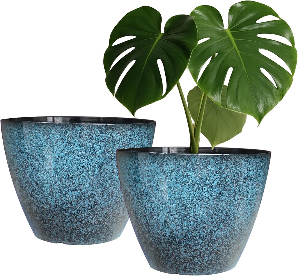 Vanslogreen Plant Pots Set of 2, 8 inch Plastic Planters with Drainage Holes, Modern Glaze Flower Plant Pot for Indoor Outdoor Herb Snake Succulent Plants