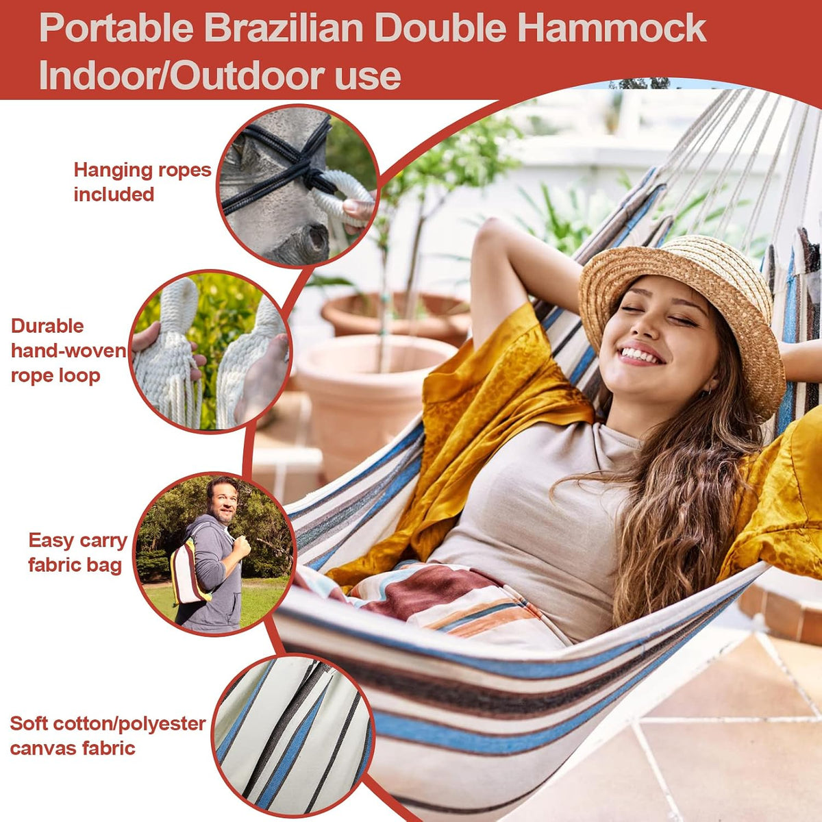 JoyView Brazilian Hammock for Single Person Portable Hammock with Hanging Ropes & Carry Bag Large 78.8x39.4” for Patio 300LBS Capacity Perfect for Outdoor/Indoor - Blue Stripes