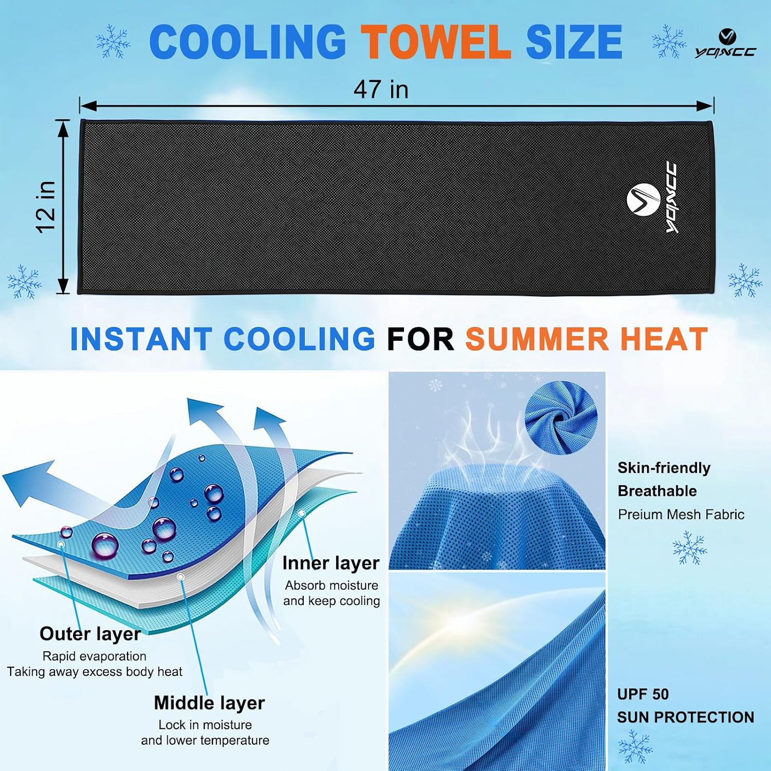 YQXCC 4 Pack Cooling Towels (47"x12"), Ice Cool Towels for Neck & Face