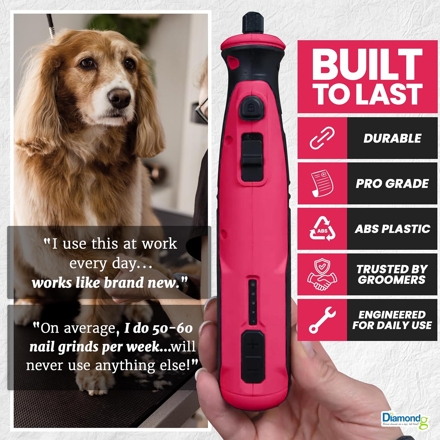 Diamondg Cordless Dog Nail Grinder - Quiet Sound with LED Light, Pink