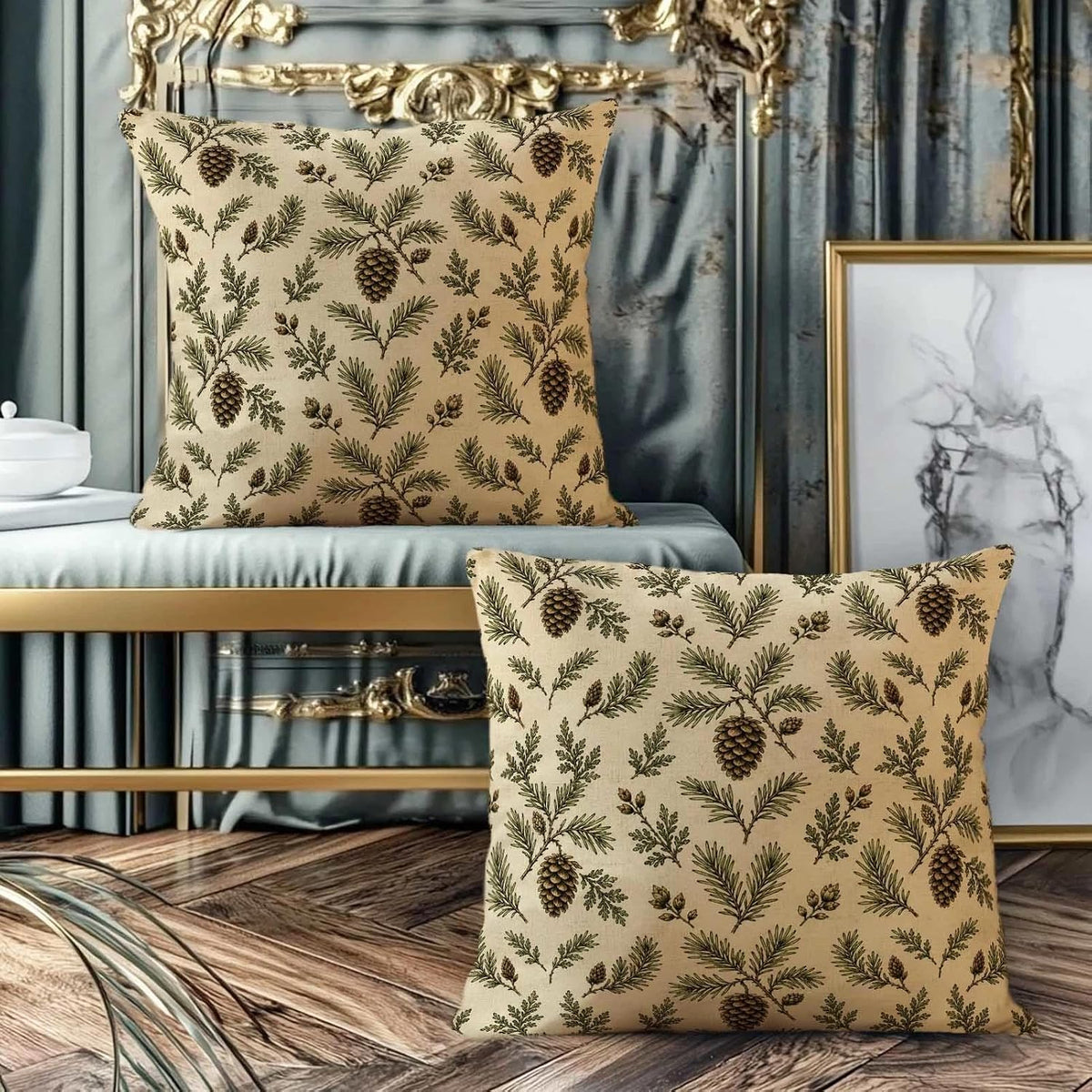 Pine Cone Throw Pillow Covers 18x18 Set of 2 | Rustic Cabin Decorative Cushion Covers | Woodland Lodge Pillow Cases for Couch Sofa Bed Living Room | Evergreen Branch Home Decor Outdoor Patio