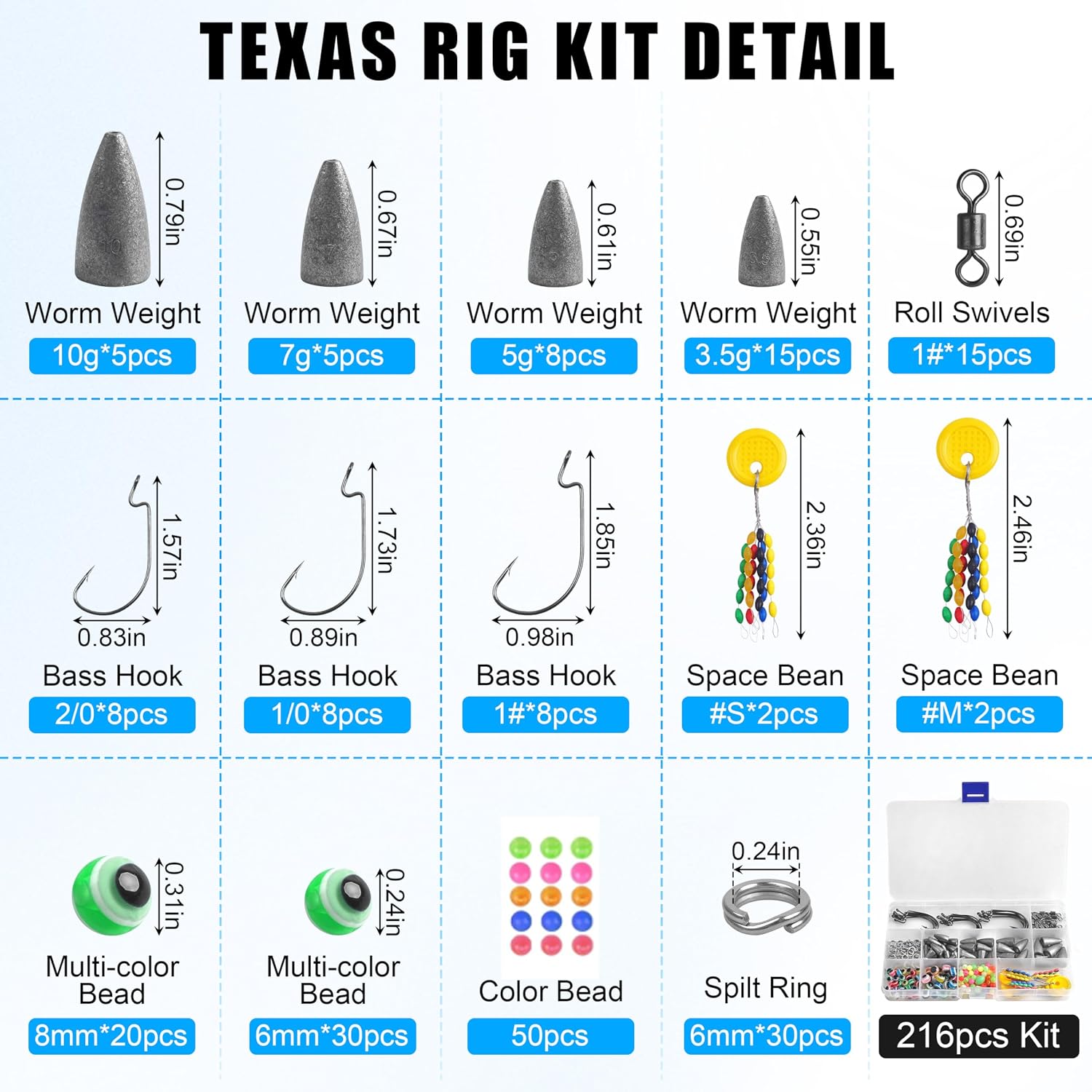 Carolina and Texas Rig Kit, 216pcs Bullet Sinkers Bass Fishing Tackle Kit