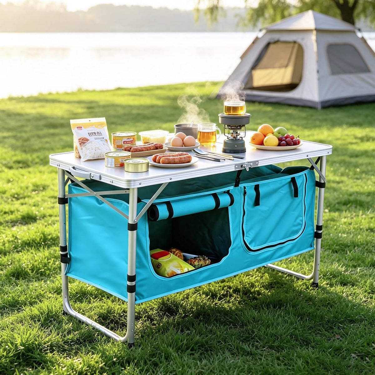 JOUYEK Camping Table, Folding Kitchen Table with Storage Sky Blue