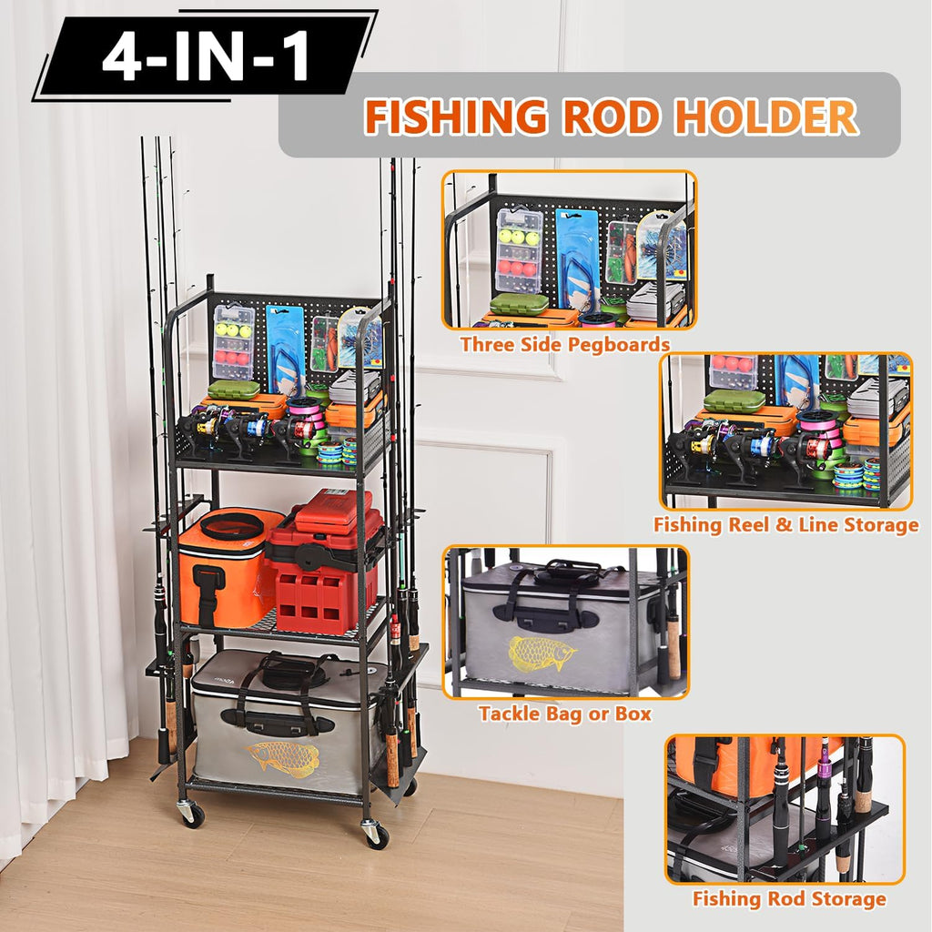 Heavy Duty Fishing Rod Rack, Fishing Organizer for Garage, Fishing Gear Holder for Garage with Movable Wheels