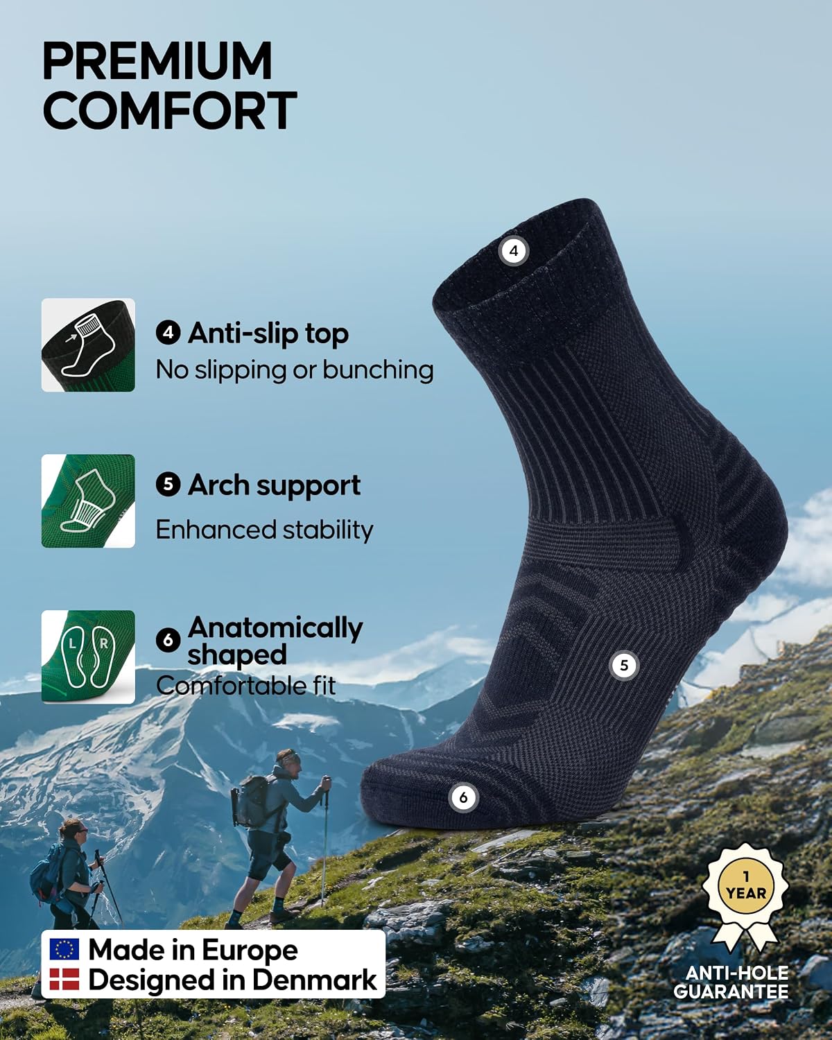 DANISH ENDURANCE Merino Wool Hiking Socks, Lightweight, 3 & 5-Pack