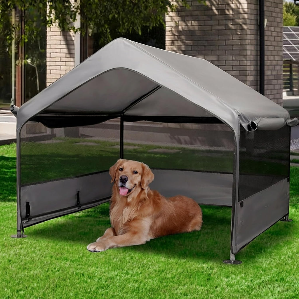Summertrail Extra Large Dog House Outside, Dog Shade Shelter Tent Outdoor | Doghouse Canopy with Three-Sided Breathable Mesh Windows, Waterproof Pet Shade Shelter for Small Animal 4'x 4'x 3.3' Grey