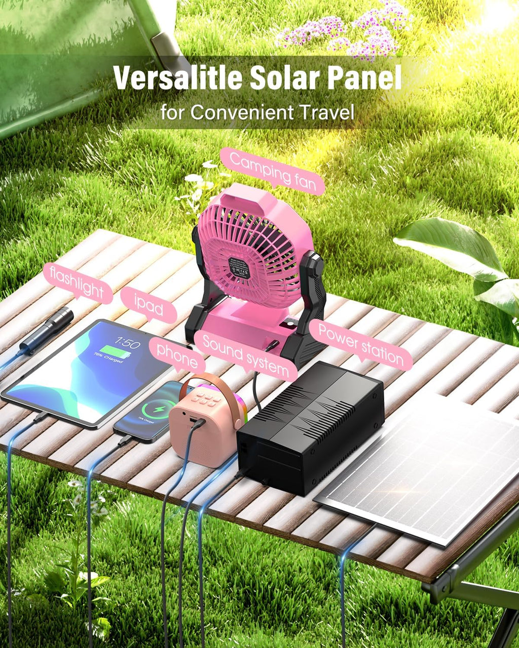 Solar Powered Fan,【Max 60H Runtime】Rechargeable Solar Camping Fans & Led Lantern,8-inch Portable Fan with Solar Panel,Battery Operated Powered Outdoor Tent Fans for Camping Essentials Accessories