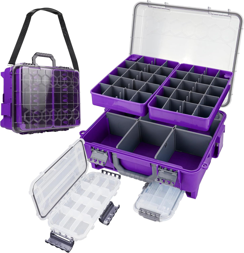 RUNCL Upgraded Large Capacity Waterproof Floating Tackle Box with Rod Holder, Airtight Organizer with Removable Trays for Lures Hooks Baits, Durable Fishing Gear Storage Gift for Anglers