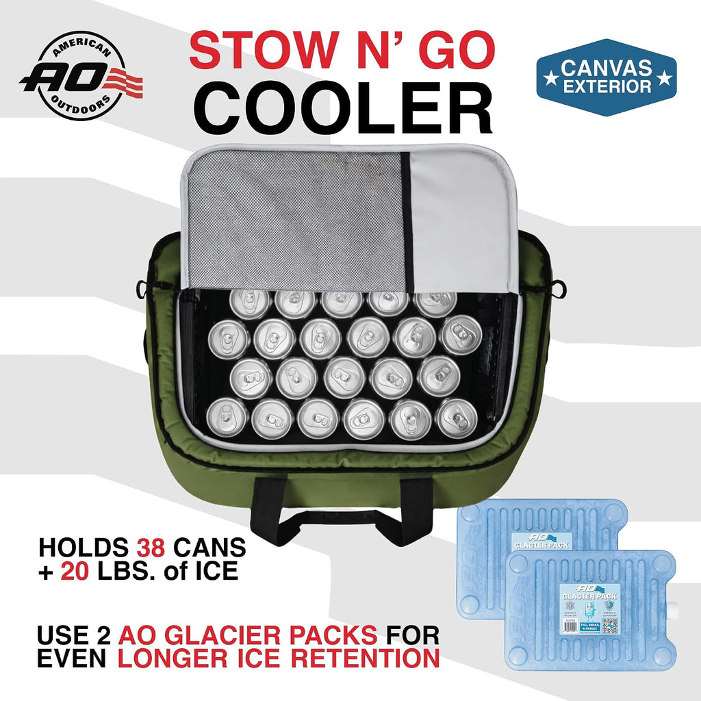 AO Coolers Stow-N-Go Canvas Soft-Sided Cooler, Low Profile and Leak Proof, Insulated for 24-Hour Cold