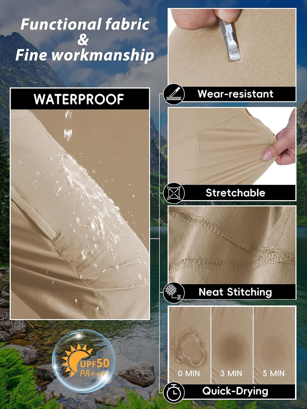 Mens Hiking Pants Lightweight Cargo Work Tactical Nylon Stretch Waterproof Quick Dry Fishing Travel Outdoor 6 Pockets