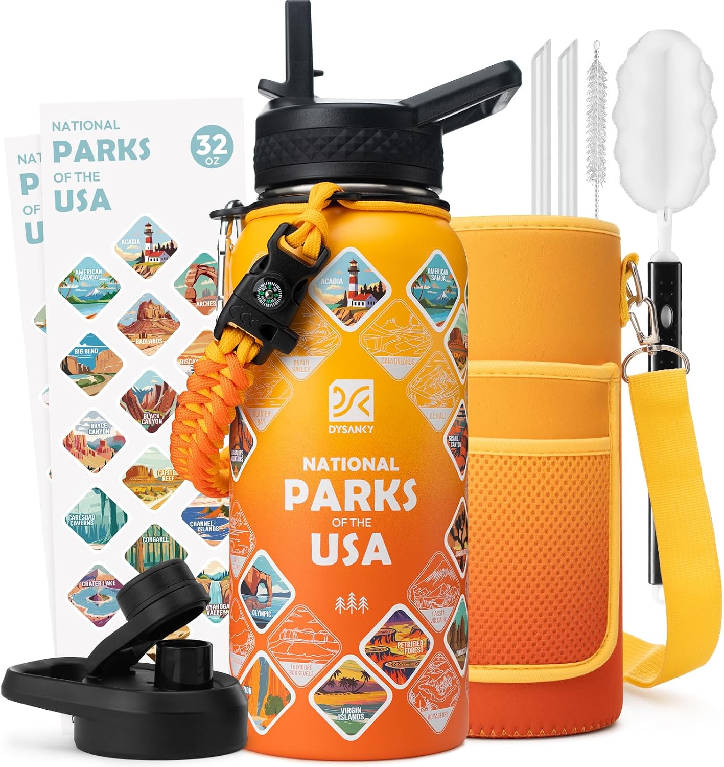 DYSANKY National Parks Water Bottle – 32 oz Insulated Stainless Steel Bottle with 63 Hand-Drawn Park Stickers, Carrier Bag, Strap & Gift Box – BPA-Free – Ideal for Hiking, Camping & Travel