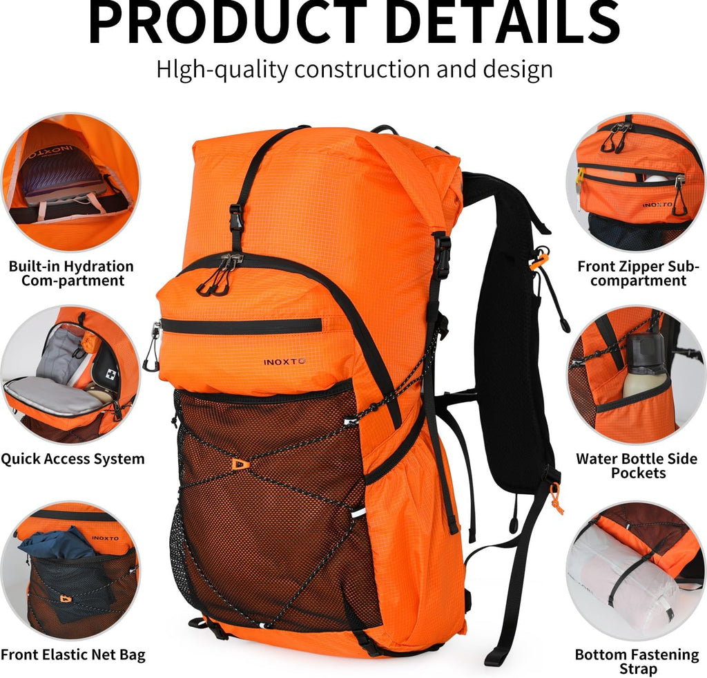 IX INOXTO Hiking Backpack for Men and Women, 30L Waterproof Camping Backpack with 3L Water Bladder and Rain Cover, Lightweight Outdoor Sport Travel Daypack Rucksack for Climbing Cycling (Orange)