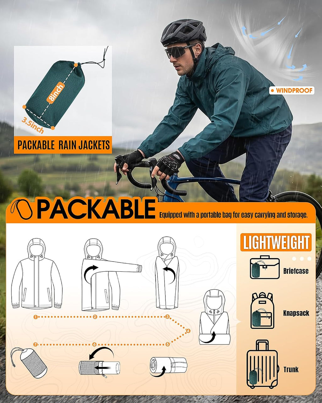 Outdoor Ventures Men's Rain Jacket Waterproof Lightweight Packable Raincoat
