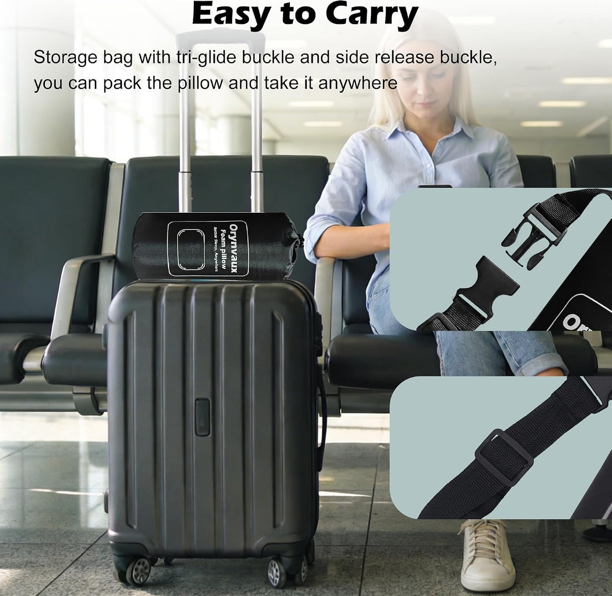 Small Travel Camping Pillow, Double-Sided Fabric Pillow with Adjustable Buckle Strap & Storage Bag, Compact Small Pillow for Airplane, Car Lumbar, Office, Washable Cover, Obsidian Black