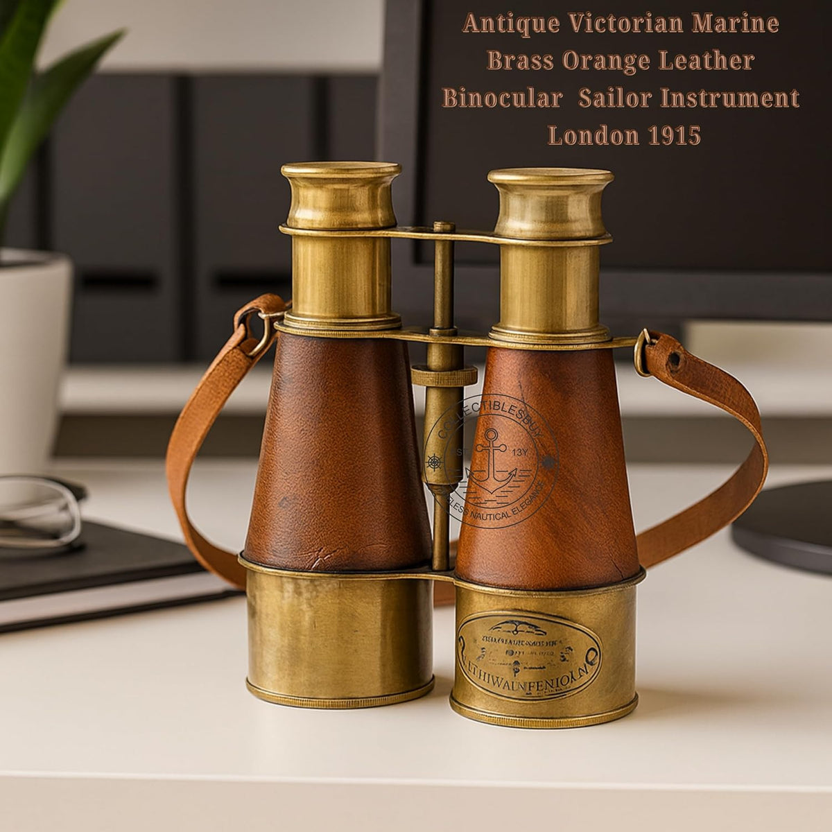 Nautical Design Antique Victorian Marine Brass Leather Binocular Sailor Instrument London 1915 Orange for Home & Office Outdoor Camping