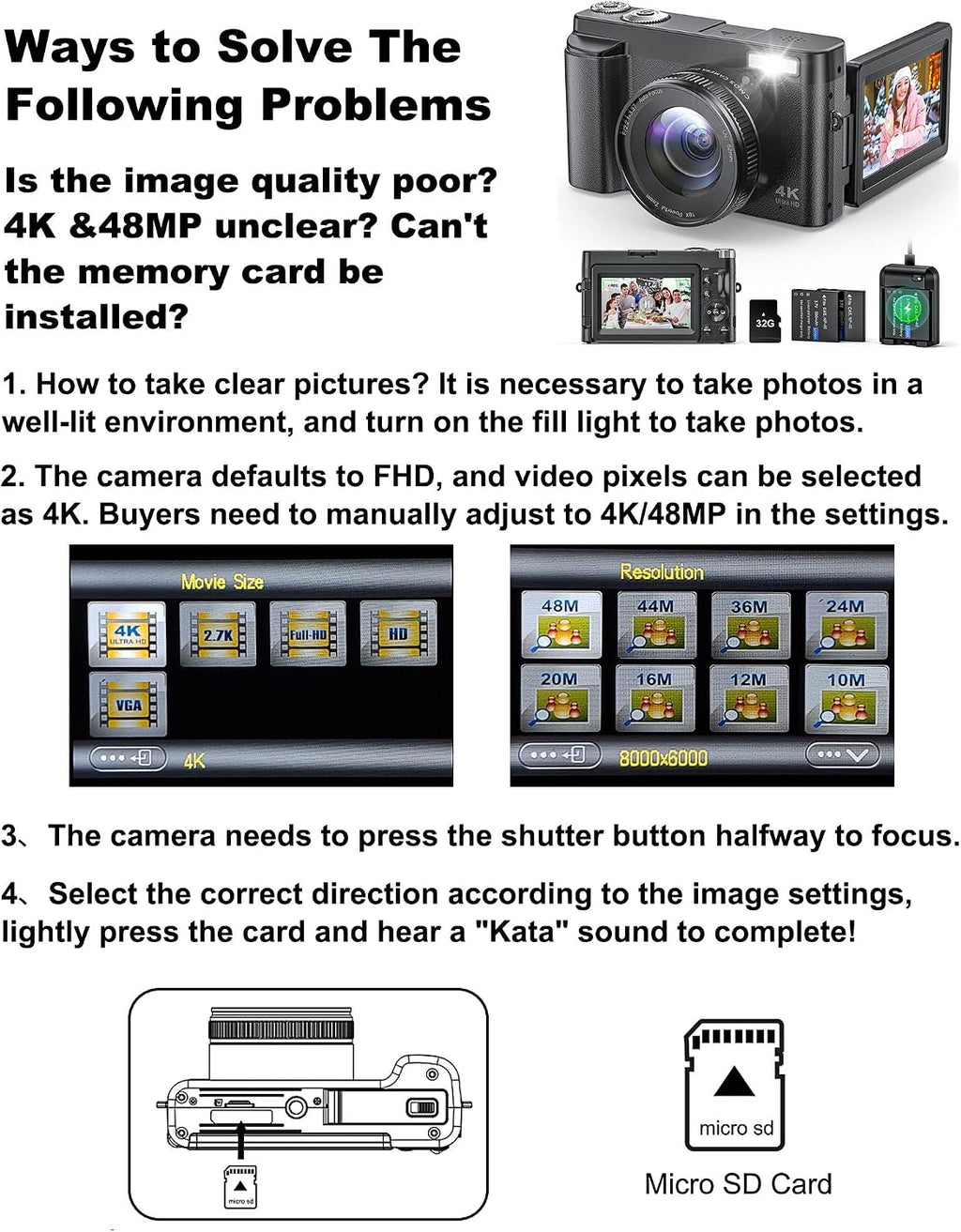 4K Digital Camera for Beginners & Teens, with Flip Screen, 32G Card(Black)